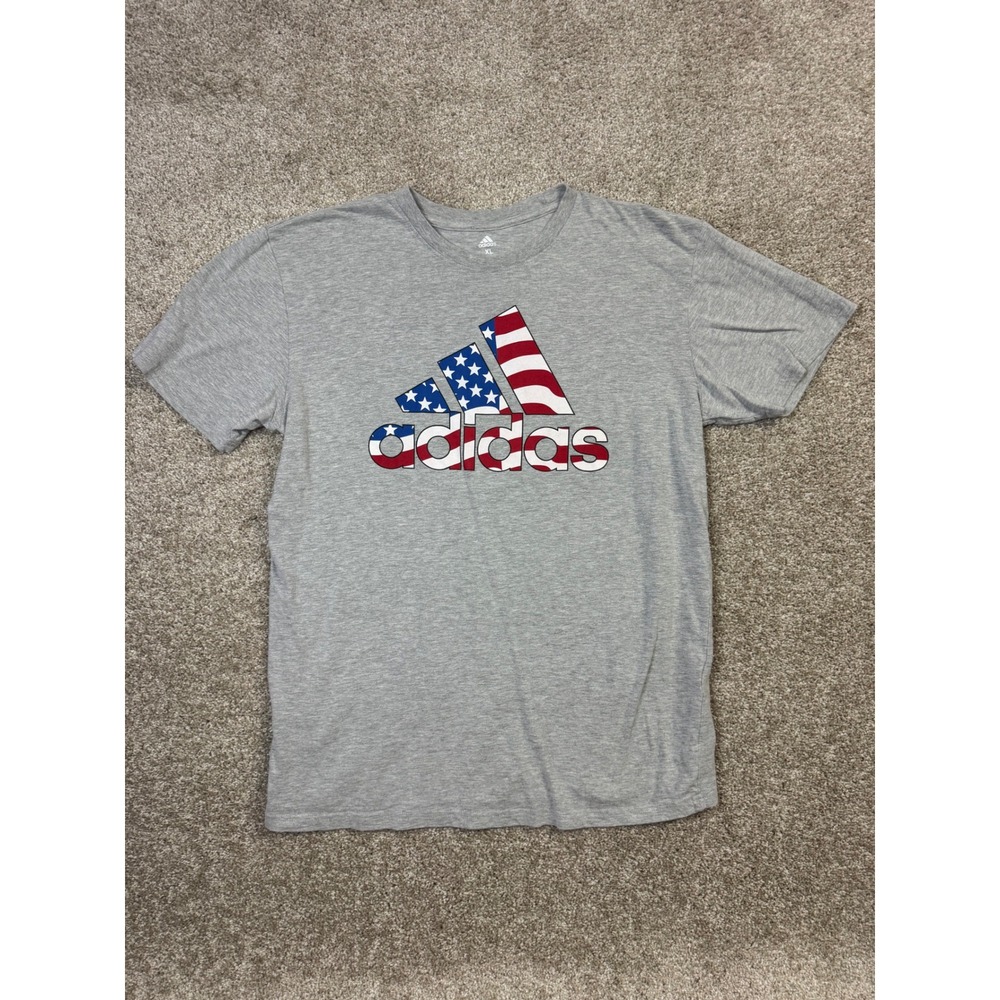 Adidas Mens XL American Flag Graphic Tee Heather Gray Stars Stripes Logo T-Shirt